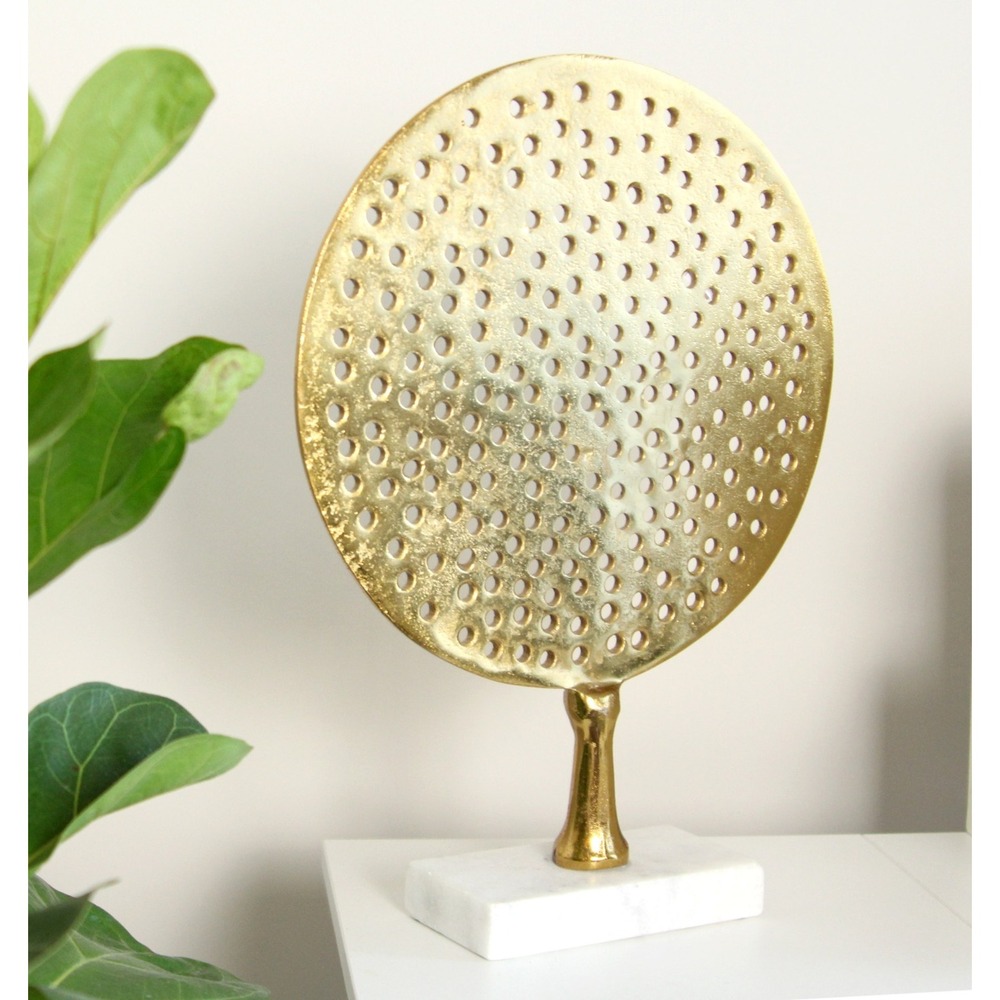 Home Décor 11" Round Gold Sculpture with Ring Holes on Marble Base Modern Art